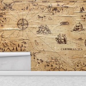 Custom Size Ancient Pirate Island Map Wallpaper, Peel and Stick Self Adhesive or Pasted, Temporary and Removable Mural, Antiuqe Map Mural
