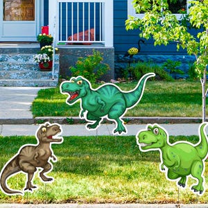 Letreros para jardín Dino-Mite: recortes de dinosaurios alegres y divertidos para fiestas de cumpleaños, decoraciones de césped y eventos al aire libre. Vienen con estacas