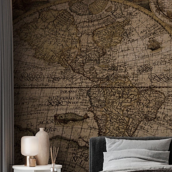 Vintage World Map with Compass Wallpaper, Peel and Stick Self Adhesive or Pasted, Temporary and Removable Mural, Antiuqe Map Mural