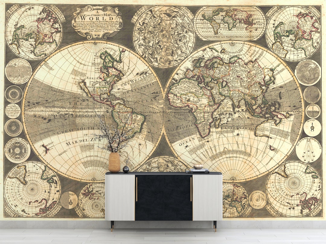 Vintage Hand Drawn World Map Wallpaper, Peel and Stick Self Adhesive or ...