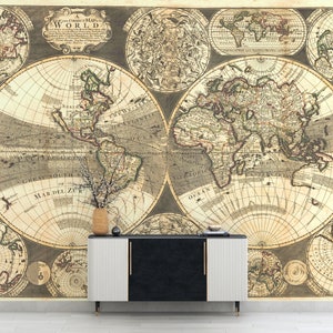 Vintage Hand Drawn World Map Wallpaper, Peel and Stick Self Adhesive or Pasted, Temporary and Removable Mural, Antiuqe Map Mural