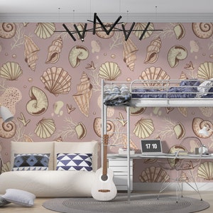 Vintage Seashells Pattern Wallpaper, Peel and Stick - Self Adhesive or Pasted, Temporary and Removable Mural