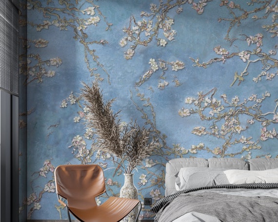 Cherry Blossom Wallpaper, Removable Wallpaper, Peel and Stick Wallpaper,  Blue Wallpaper, Flower Wallpaper, Oil Painting Wallpaper