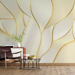Abstract Gold Leaves Wallpaper, Self Adhesive or Pasted, Temporary and Removable Mural, Peel and Stick Modern Wallpaper