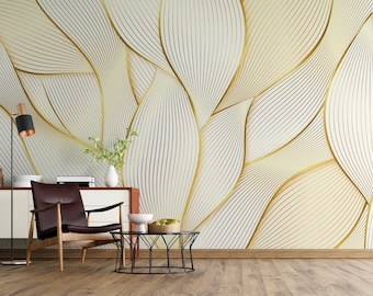 Abstract Gold Leaves Wallpaper, Self Adhesive or Pasted, Temporary and Removable Mural, Peel and Stick Modern Wallpaper