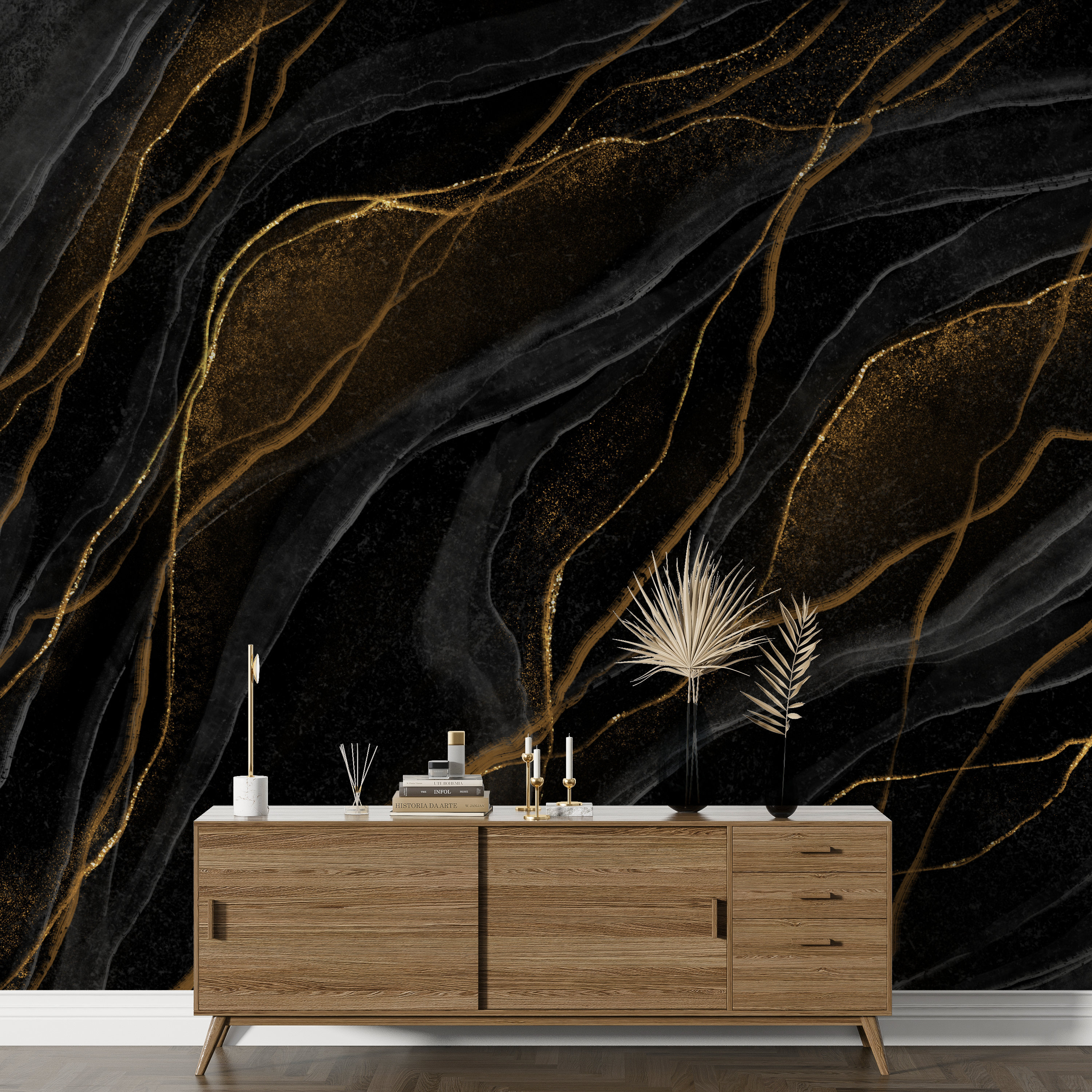 Abstract Gold Lines on Dark Background Wallpaper Peel and Etsy