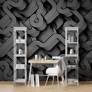 Custom Size White and Black Lines Wallpaper, Self Adhesive or Pasted, Temporary and Removable Mural, Peel and Stick Retro Wallpaper
