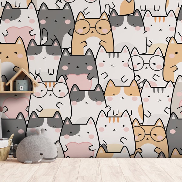 Cat Wallpaper Peel and Stick, Kids Nursery Wallpaper, Removable Animal Wallpaper, Nursery Wall Décor, Colorful Cats, Kids Room Wall Decor