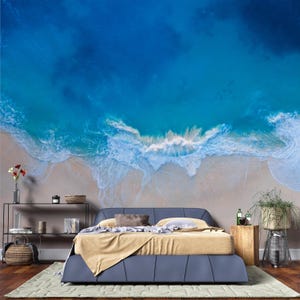 Ocean Waves and Sandy Beach Aerial View Wall Mural - Stunning Coastal Wall Art for a Relaxing Home Environment Peel and Stick Wallpaper