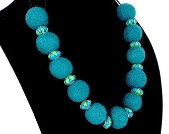 Turquoise felt ball statement necklace, wool ball necklace, felt beads, one of a kind light weight necklace.