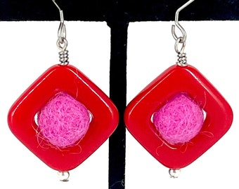 Dark pink felt ball earrings in red hard plastic squares, unique statement earrings made by FeltFabulous