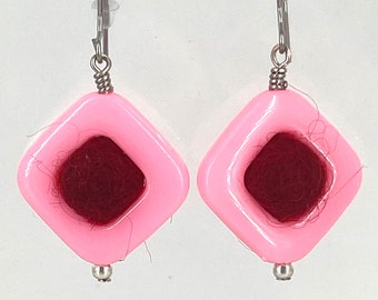 Dark red felt ball earrings in pink hard plastic square frame, handmade earrings, statement earrings made  by FeltFabulous