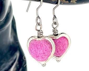 Heart shaped felt ball earrings, dark pink statement earrings, metal frame  beads, statement earrings,by FeltFabulous