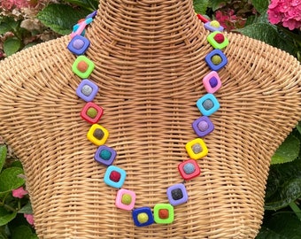 Multi color plastic framed felt beads necklace, textile art statement necklace, one of a kind necklace, handmade necklace