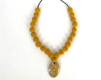 Yellow felt ball necklace with Jasper stone,  one of a kind statement necklace, lightweight necklace