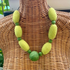 Green textile art felt necklace, felted ball necklace, one of a kind necklace  for women, lightweight wool necklace