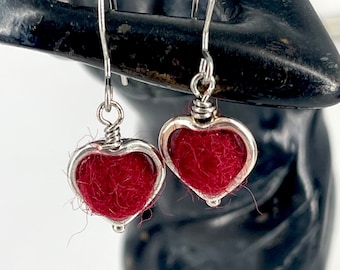 Heart shaped red felt ball earrings, silver coated metal framed heart earrings, handmade felt ball earrings, heart shaped statement earrings