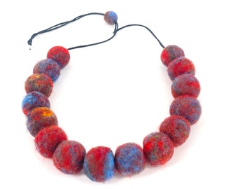 Lightweight red and blue, one of a kind, handmade statement felted wool ball necklace, textile art felt bead necklace