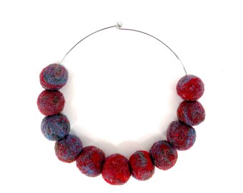 One of a kind red and blue felt ball choker necklace, art statement necklace, lightweight felt necklace for women, statement necklace