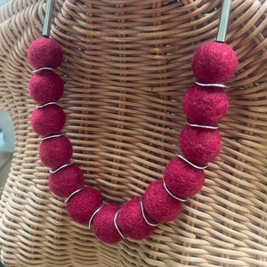 Dark red felted wool necklace with round silver disk spacer beads, handmade felt ball necklace, textile art one of a kind necklace