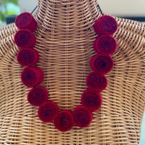 Red felted wool necklace, lightweight swirl necklace, textile art necklace, statement bead necklace, one of a kind necklace