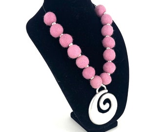 Pink felt textile art felt necklace with swirl metal pendant, lightweight statement necklace, one of a kind necklace, one of a kind necklace