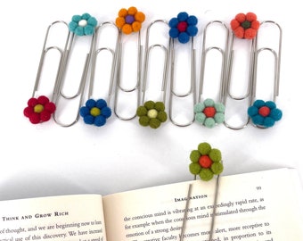 Colorful fun paper clip bookmark with felt ball flower, handmade unique bookmark for a bookworm