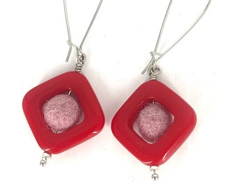Pale pink felt ball earrings with hard plastic square frame, handmade statement earrings made  by FeltFabulous