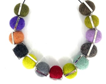 Colorful felt ball necklace, textile art wool necklace, silver coated frame beads, statement necklace, one of a kind necklace, unique