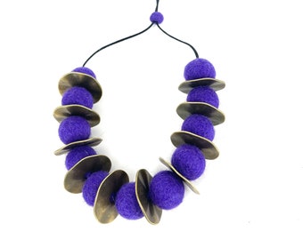 Lightweight purple felted wool necklace with bronze disk spacer beads, handmade felt ball necklace, textile art one of a kind necklace