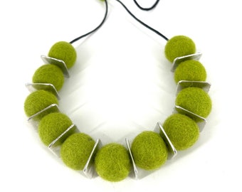 Lightweight green felted wool necklace with silver square disk spacer beads, handmade felt ball necklace, textile art one of a kind necklace