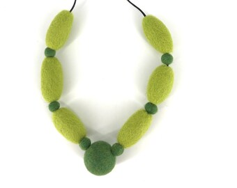 Green textile art felt necklace, felted ball necklace, one of a kind necklace  for women, lightweight wool necklace