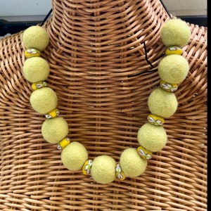 Yellow art statement necklace, wool ball necklace, one of a kind necklace, light weight necklace, unique gift for her.