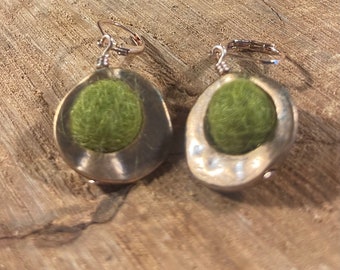 Moss green felt ball earrings, green felt ball in asymmetrical hammered bronze metal ring, lightweight handmade earrings, statement earrings