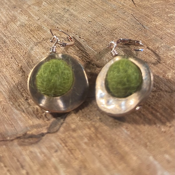 Moss green felt ball earrings, green felt ball in asymmetrical hammered bronze metal ring, lightweight handmade earrings, statement earrings