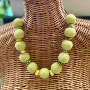 Felt ball and glass bead necklace, statement necklace, textile art yellow necklace, lightweight necklace, adjustable necklace