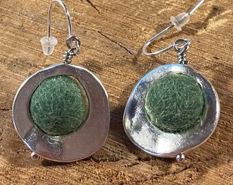 Forest green felt ball earrings, green felt ball in asymmetrical hammered pewter ring, lightweight handmade earrings, statement earrings