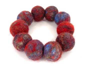 Handmade felt ball bracelet, different shades of red and blue bead textile art statement bracelet, one of a kind felt bracelet
