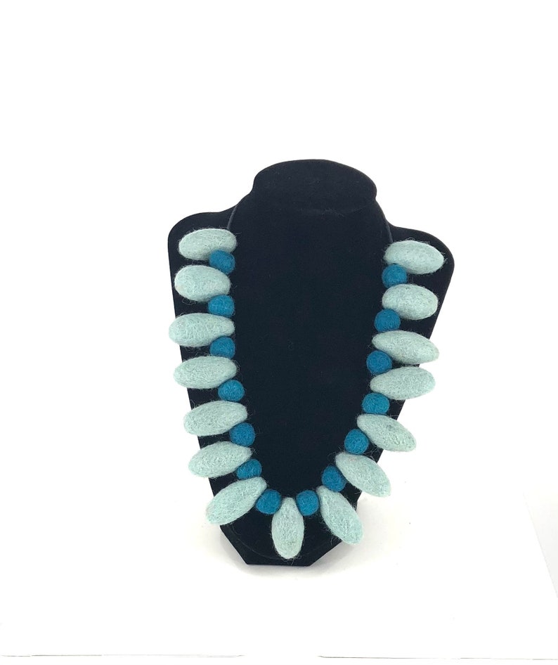 light weight wool necklace. Felted ball blue one of a kind felt textile art necklace