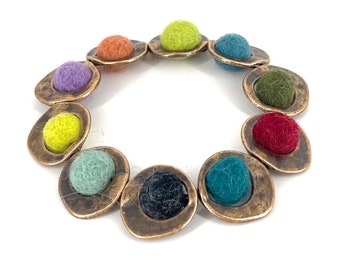 Multi color felt ball bracelet, bronze metal frame bead, textile art bracelet, statement bracelet, unique gift for women