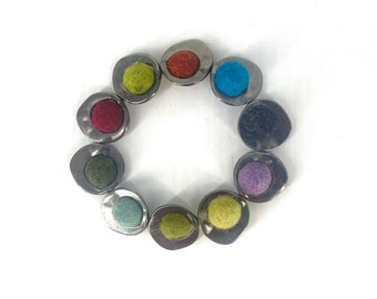 Multi color felt ball bracelet, dark silver metal frame bead, textile art bracelet, statement bracelet, unique gift for women, large