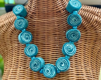 Textile art felted swirl bead necklace, blue statement necklace with metallic blue spacer beads, light-weight necklace, adjustable necklace