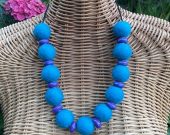 Blue felt ball necklace, wool bead necklace, one of a kind necklace, light weight necklace, handmade necklace