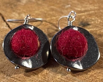 Red felt ball earrings, red felt ball in asymmetrical hammered dark silver ring, lightweight handmade earrings, statement earrings