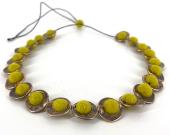 Yellow felt ball necklace, statement necklace, art wool necklace w/ bronze color frame beads, one of a kind by FeltFabulous.