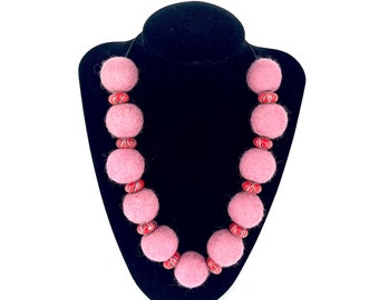 Pink felt ball statement necklace, wool ball necklace, felt beads, one of a kind light weight necklace.