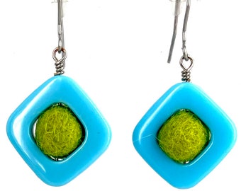 Green felt ball earrings in hard blue plastic square frame, handmade earrings, statement earrings made  by FeltFabulous