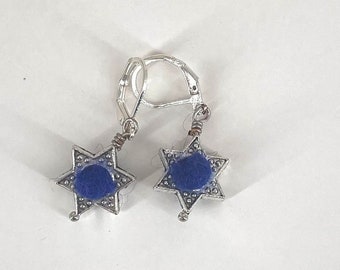 Star of David felt statement earrings, silver bead framed felt ball, textile art earrings, handmade felt earrings, light weight earrings