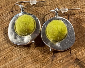 Yellow felt ball earrings, yellow felt ball in asymmetrical hammered silver coated pewter ring, lightweight handmade statement earrings