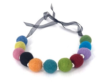 Colorful felt ball statement necklace, wool ball necklace, felt beads, one of a kind light weight necklace.